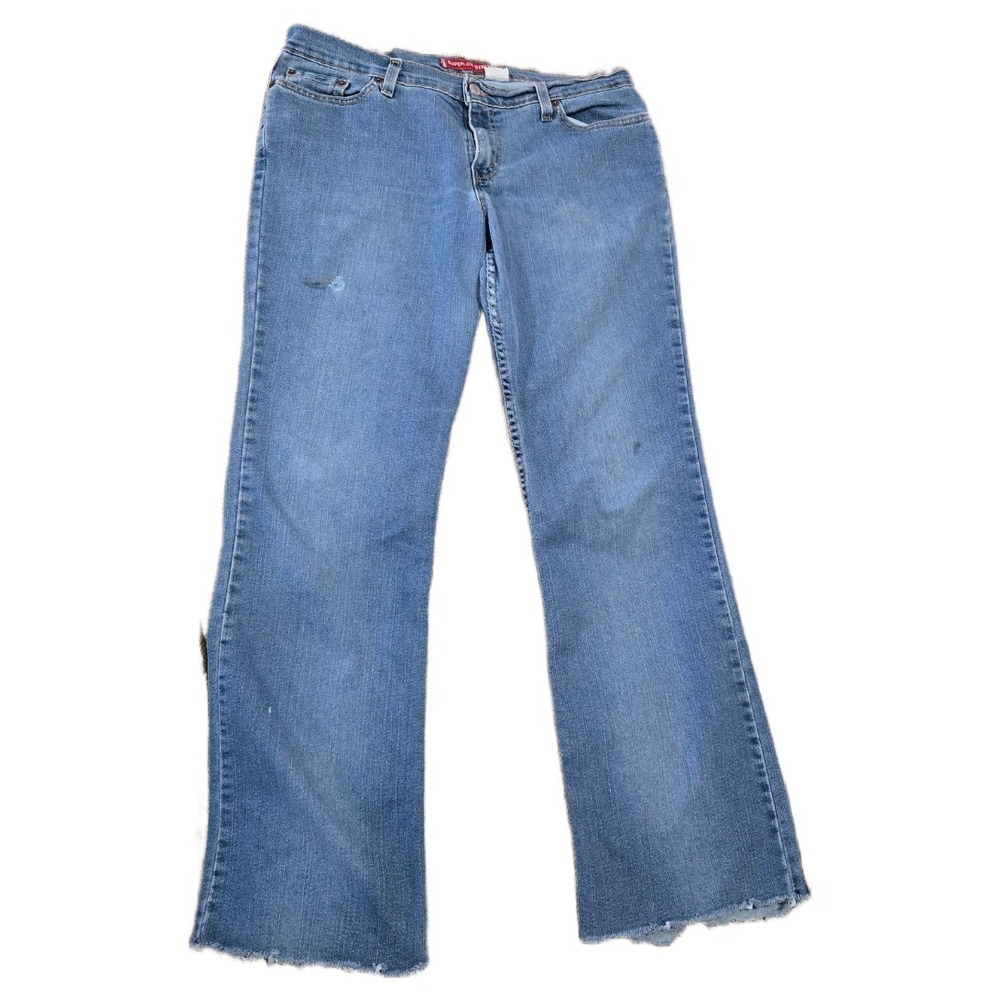 Vtg Levis 518‎ Superlow Stretch Jeans Women 33x29 Med Wash Bootcut Raw Hem *flaw